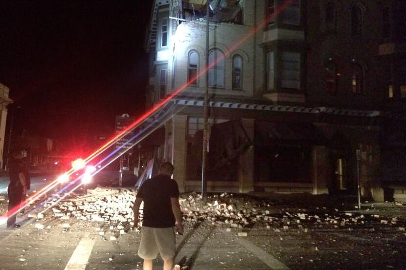 This photo provided by Lyall Davenport shows damage to a building in Napa, Calif. early...