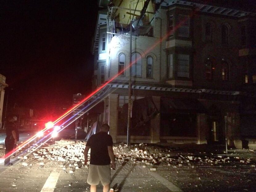 This photo provided by Lyall Davenport shows damage to a building in Napa, Calif. early...