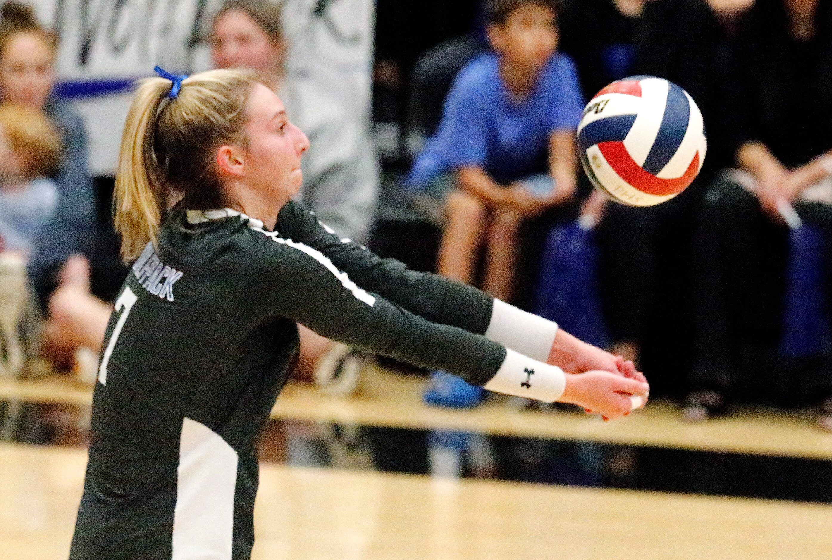 Plano West High School outside hitter Blaire Bayless (7) receives serve during game two as...