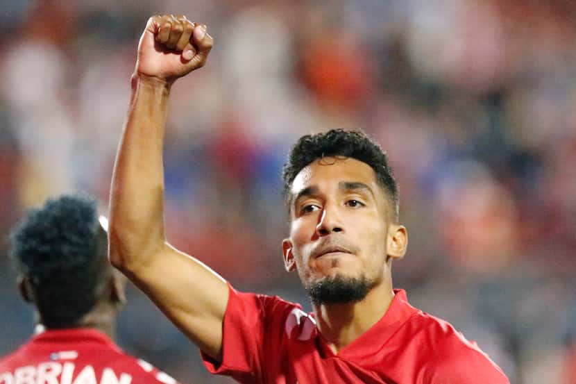 FC Dallas forward Jesus Ferreira (9) celebrates after scoring a goal during the first half...