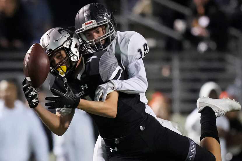 Denton Guyer wide receiver Brody Noble (4) can’t make a catch as Flower Mound cornerback...