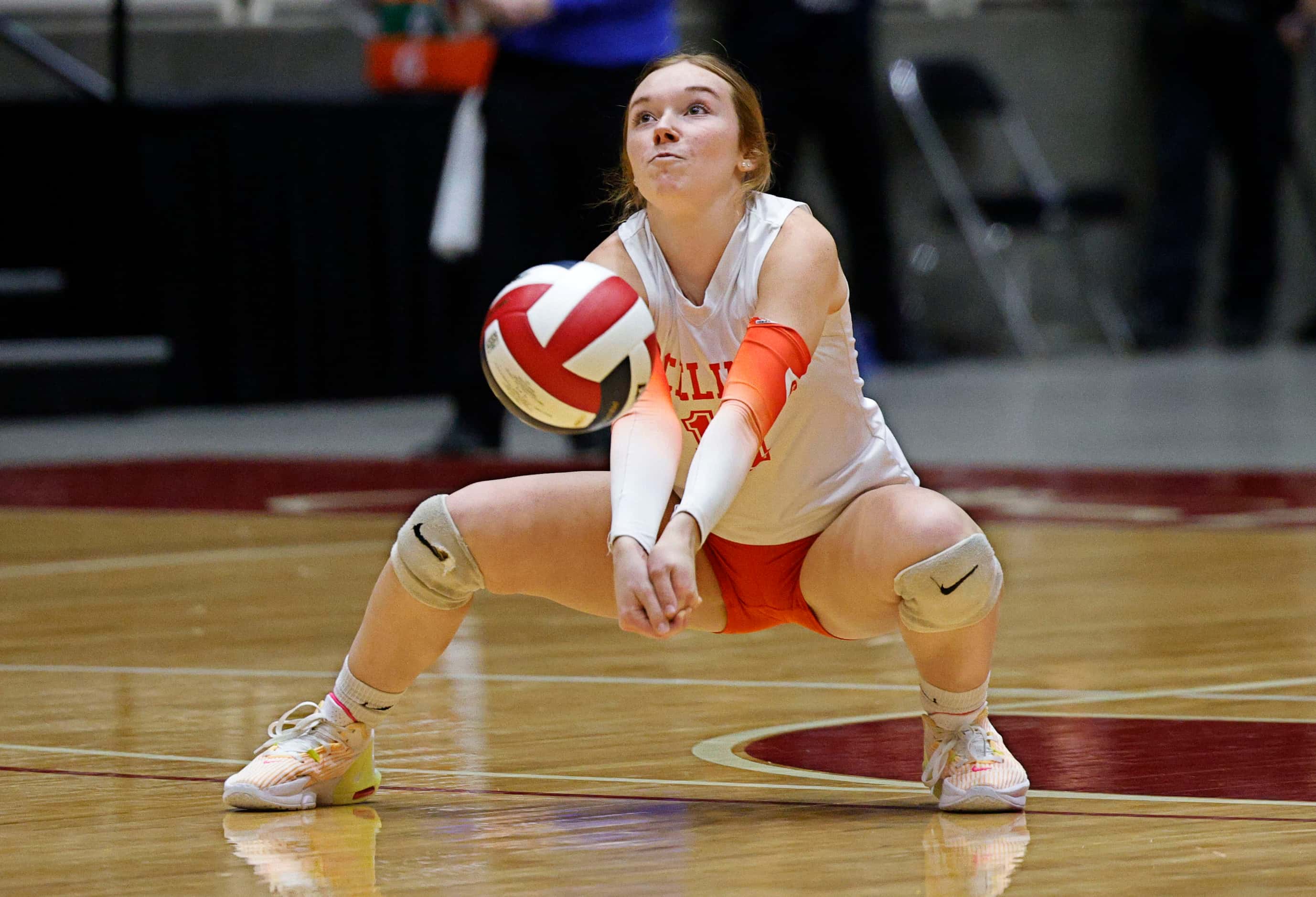Celina's Kinsey Murray digs the ball against Comal Davenport in the first set during a UIL...