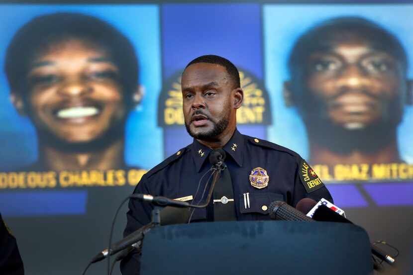 Dallas Assistant Chief of Police Avery Moore addresses the media at Dallas Police...