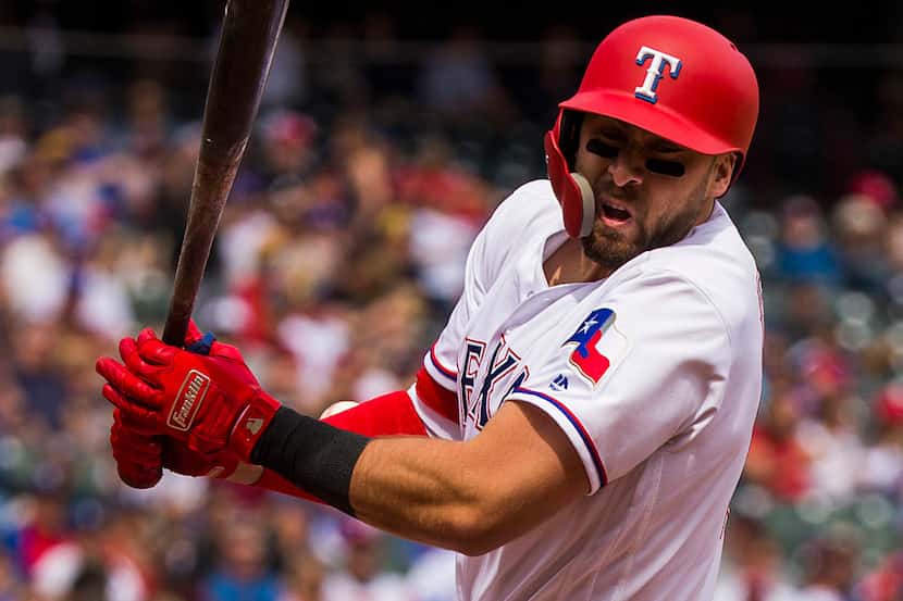 Texas Rangers first baseman Joey Gallo is hit by a pitch during the sixth inning against the...