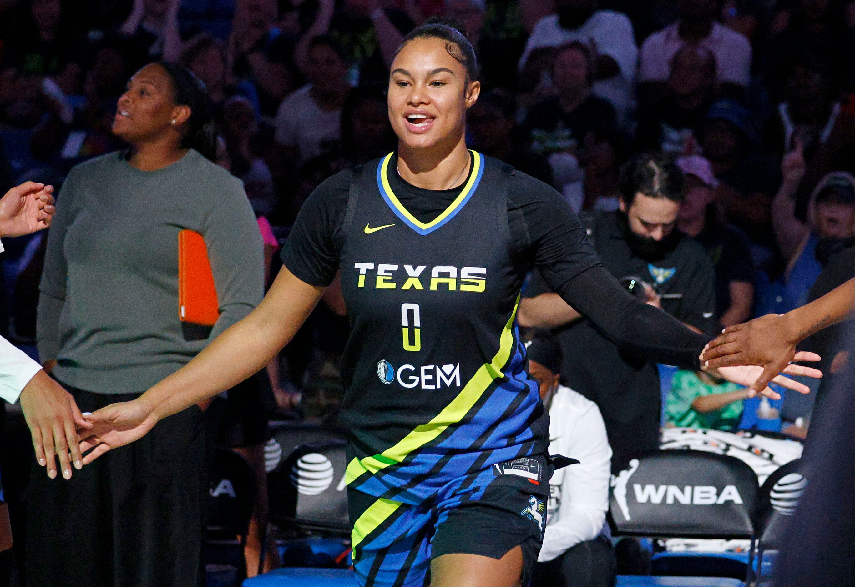 Dallas Wings forward Satou Sabally (0) is seen during the introductions before a WNBA...