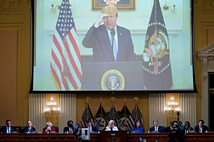 A video of President Donald Trump recording a statement on Jan. 7, 2021, is played, as the...