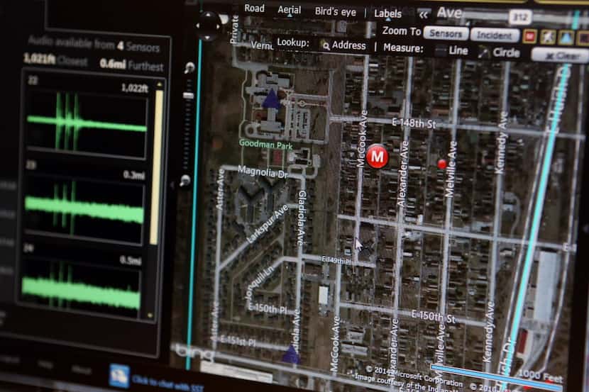 In Chicago, a ShotSpotter screen showing officers where a shot was fired (AP/The Times,...