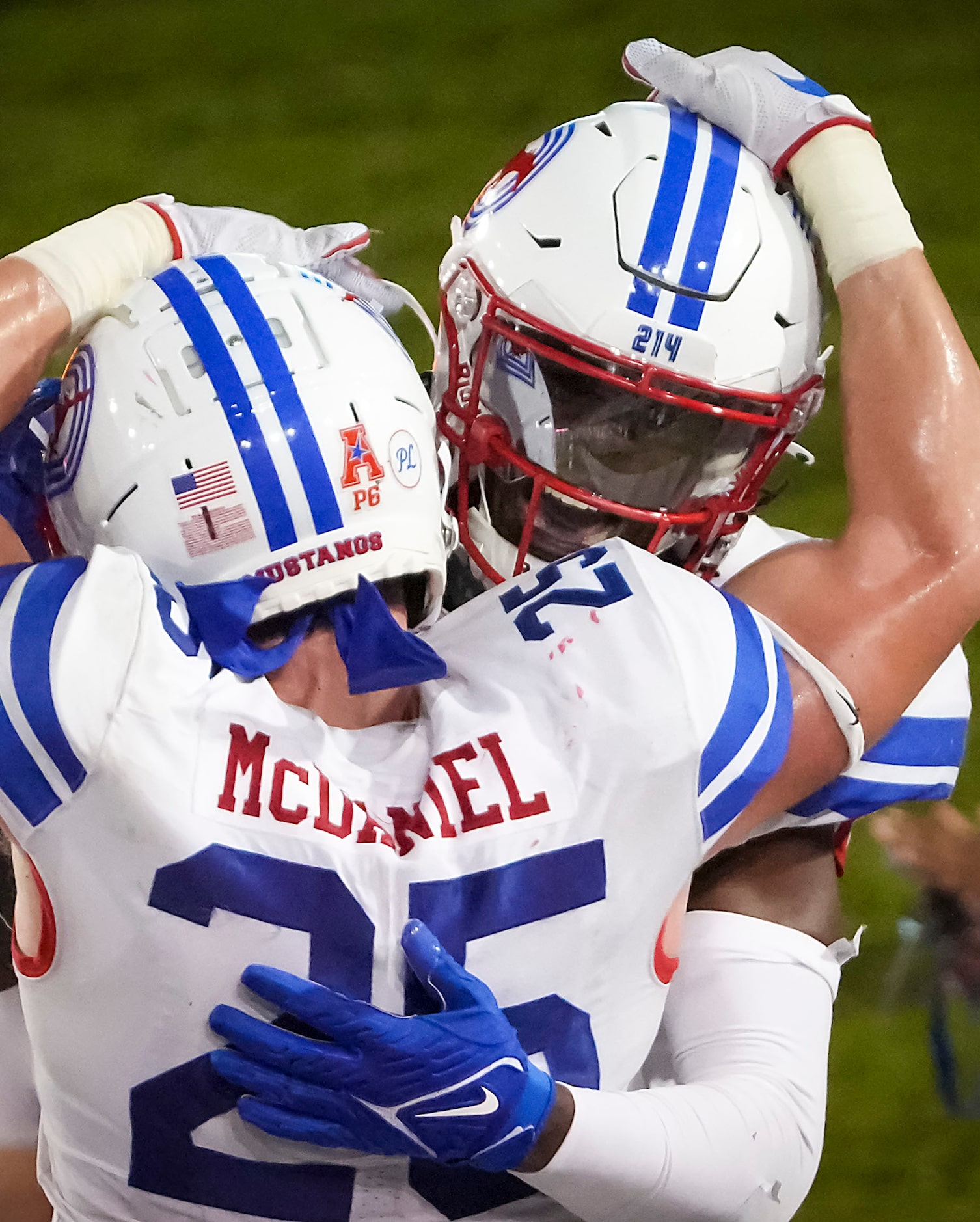 SMU wide receiver Rashee Rice (11) celebrates with running back TJ McDaniel (25) after...