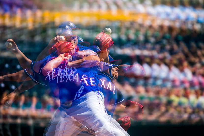 A multiple-exposure photograph shows Texas Rangers pitcher Bartolo Colon as he pitches...
