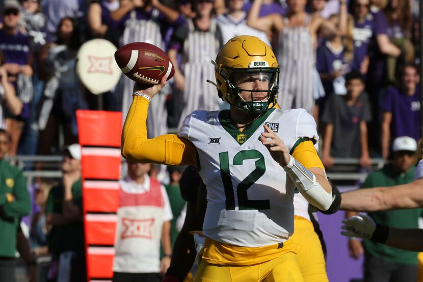 Baylor quarterback Blake Shapen throws downfield against TCU in the first half of an NCAA...