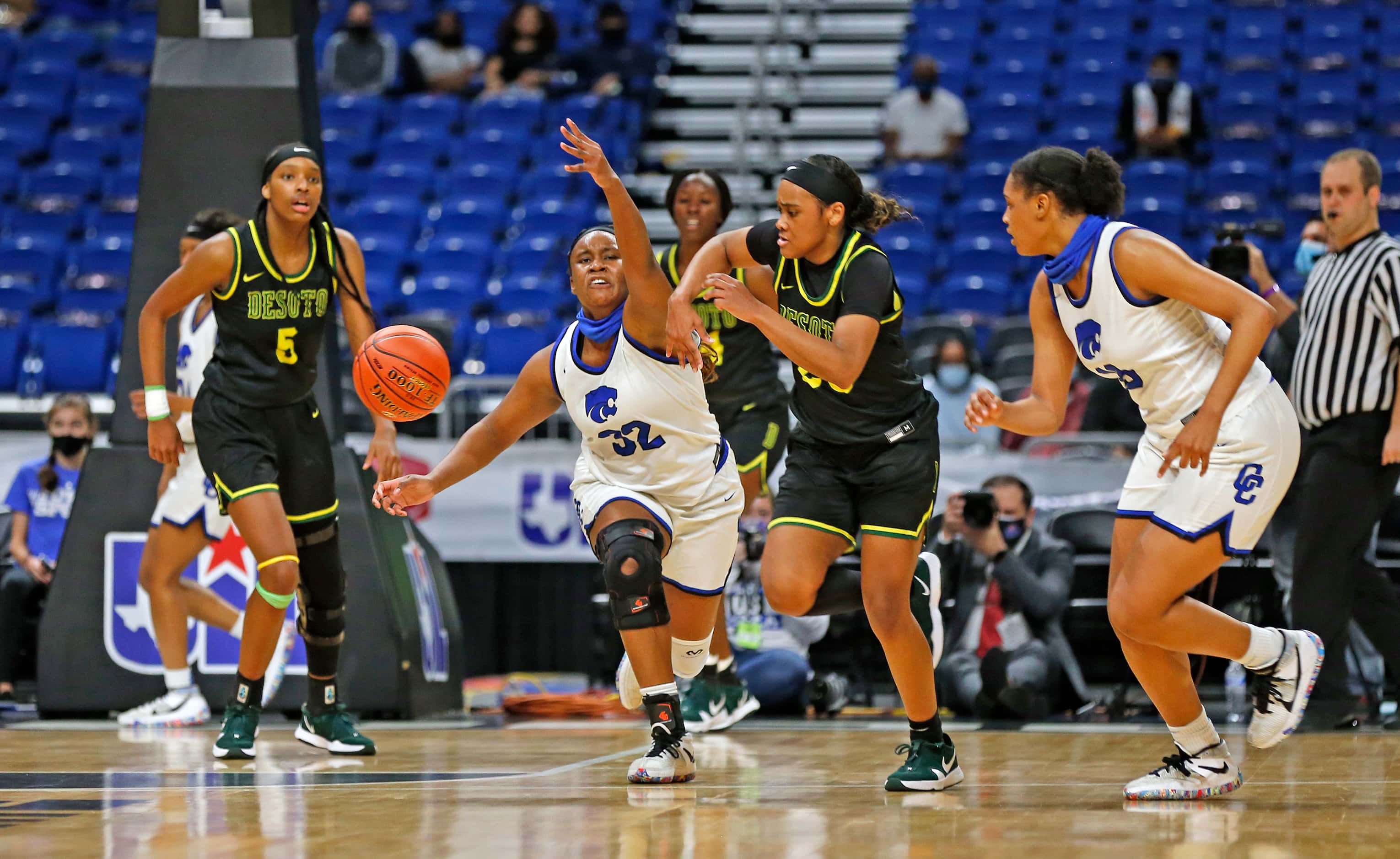 DeSoto Kendall Brown #23 steals the ball from Cypress Creek Taylor Jackson #32. DeSoto vs....