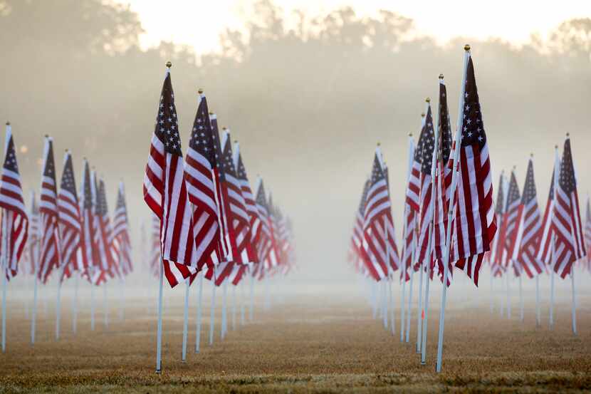 This 2020 photo shows the  hundreds of American flags set out by  the Plano East Rotary Club...