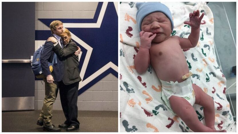 Dallas Cowboys wide receiver Cole Beasley hugs stadium security officer Sue Raagas as he...