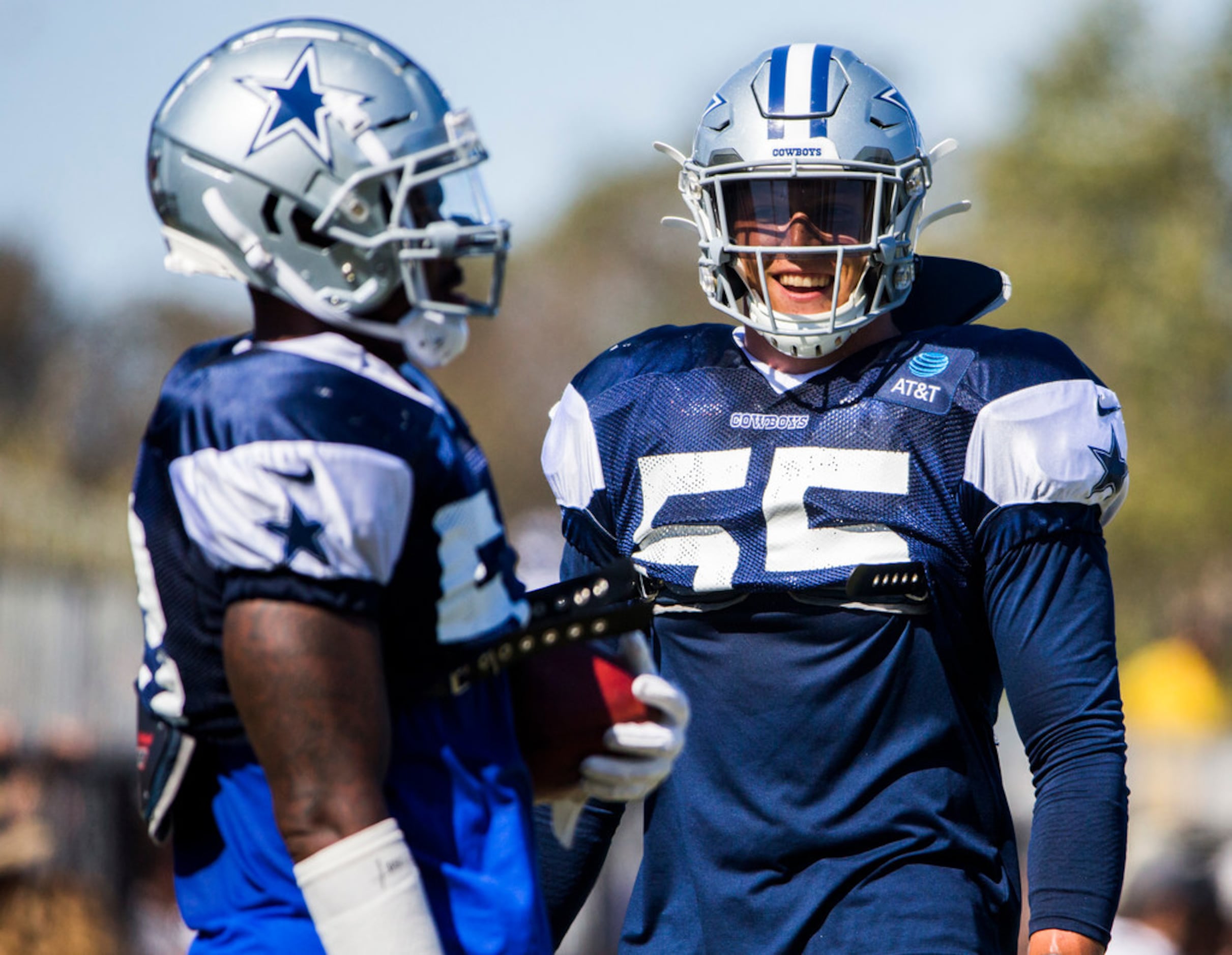 Dallas Cowboys linebacker Leighton Vander Esch (55) defense in the  secondary as he eyes the quarterback during an NFL wild-card football game  against the Tampa Bay Buccaneers, Monday, Jan. 16, 2023, in