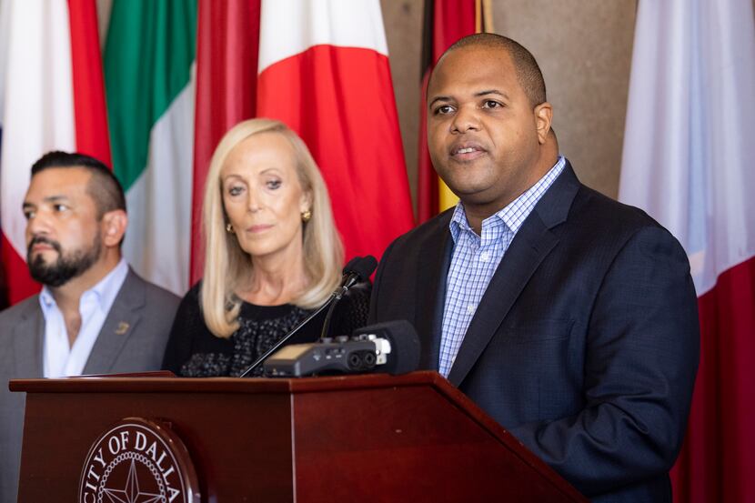 Mayor Eric Johnson speaks about the creation of his Anti-Hate Advisory Council on Wednesday,...