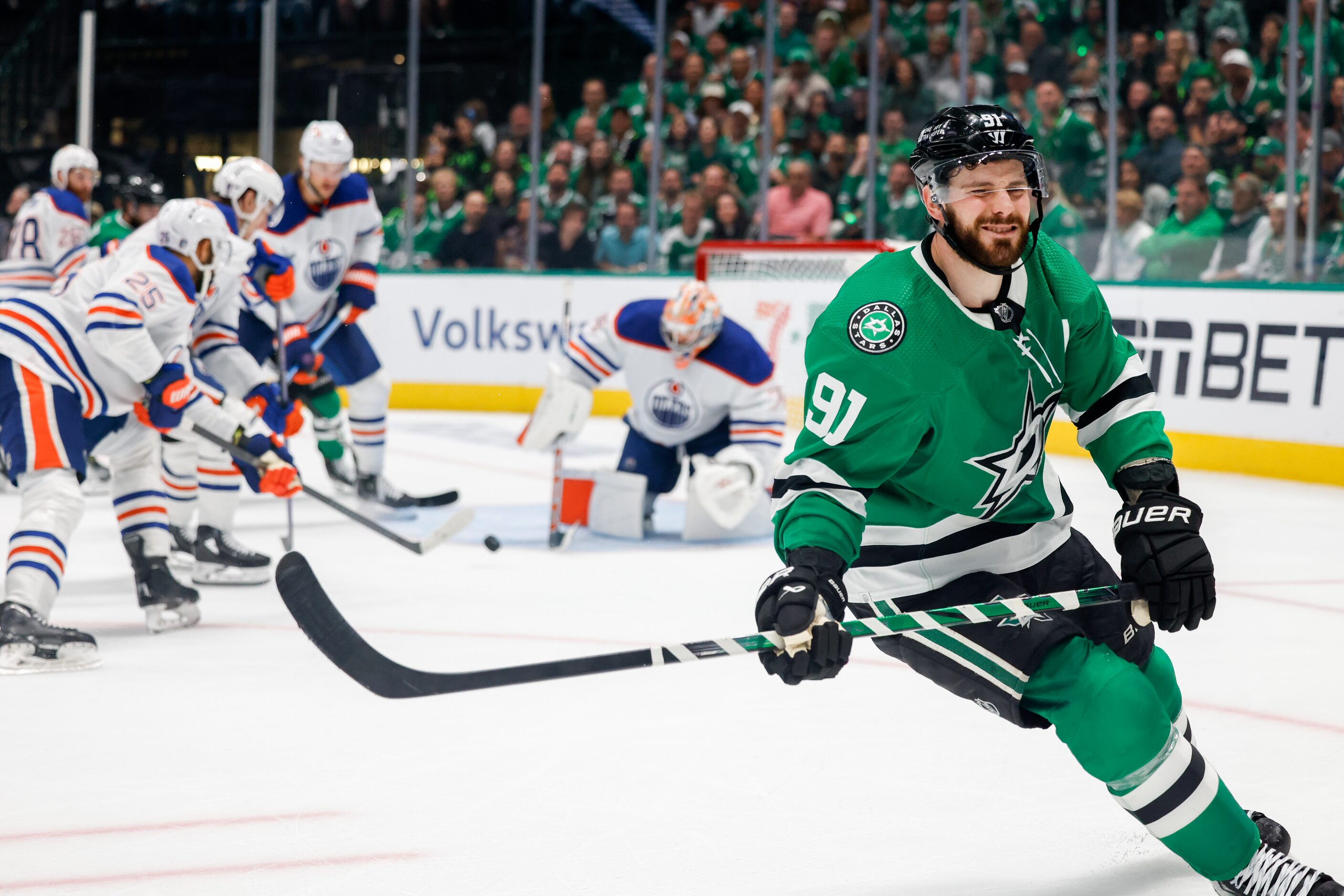 Dallas Stars center Tyler Seguin (91) reacts after Edmonton Oilers goaltender Stuart Skinner...