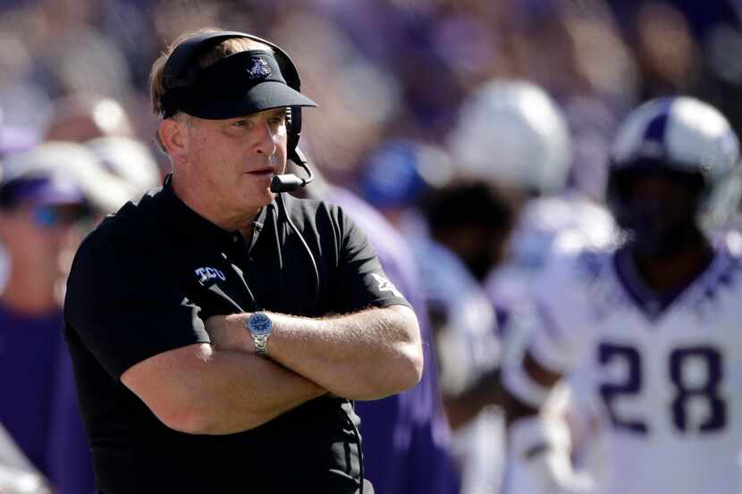 In this Oct. 19, 2019, file photo, TCU coach Gary Patterson watches during the first half of...