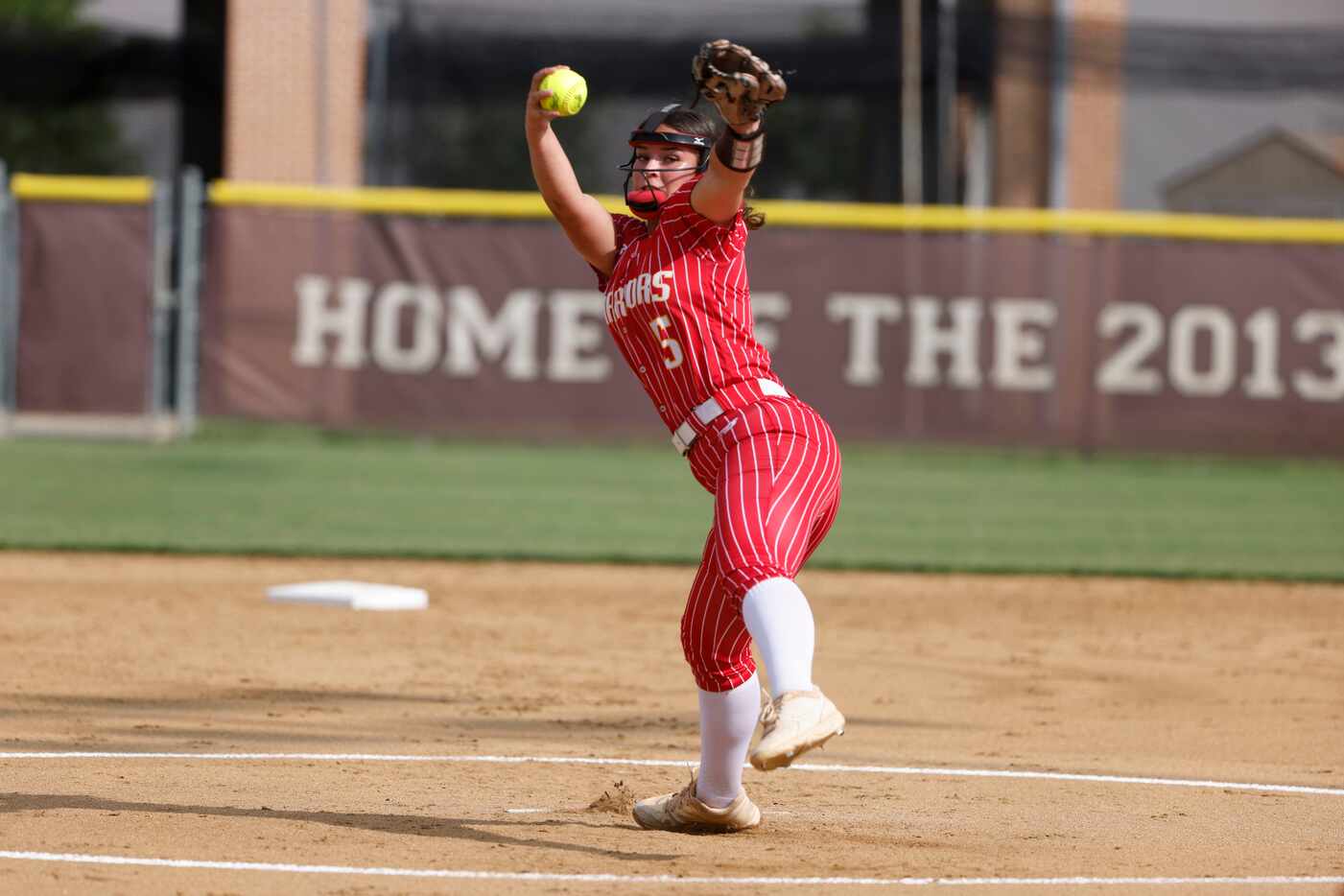 South Grand Prairie pitcher Cassidy Fixico throws against Lewisville during the Class 6A...