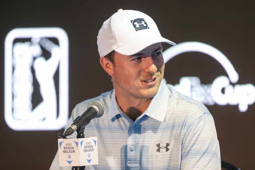 Professional golfer Jordan Spieth speaks to members of the media before the AT&T Byron...