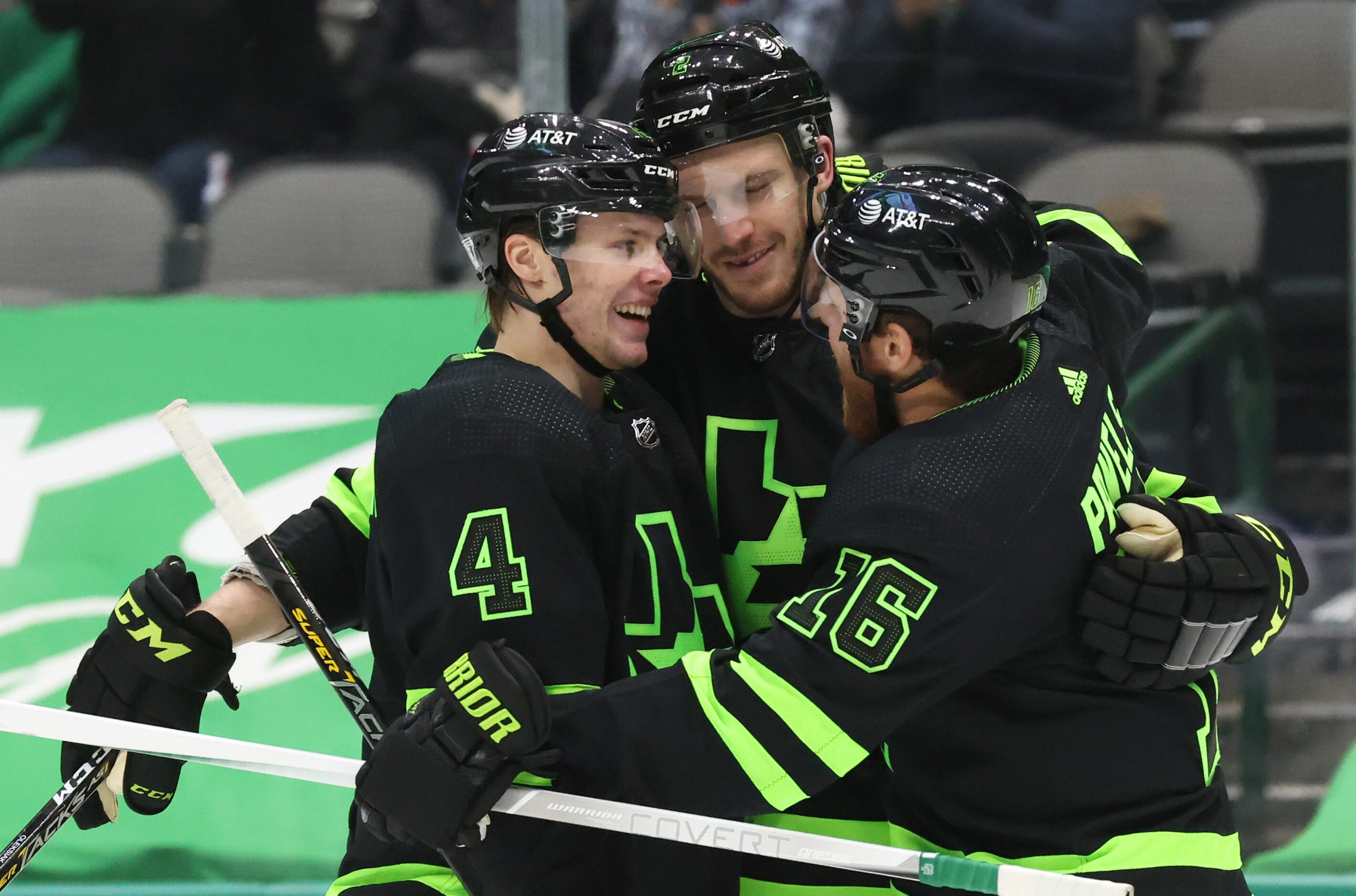 Dallas Stars defenseman Miro Heiskanen (4) and Dallas Stars center Joe Pavelski (16)...