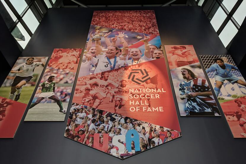 The mural that hangs in the lobby of the National Soccer Hall of Fame at Toyota Stadium in...
