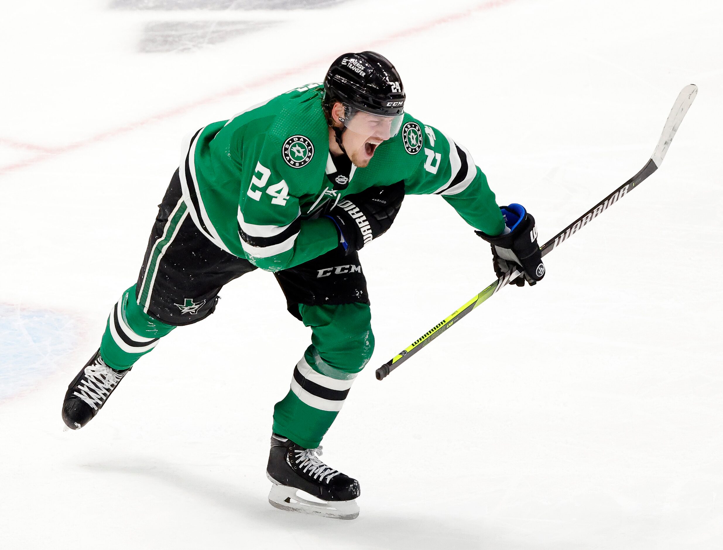 Dallas Stars center Roope Hintz (24) heads to bench after landing on his shoulder in the...