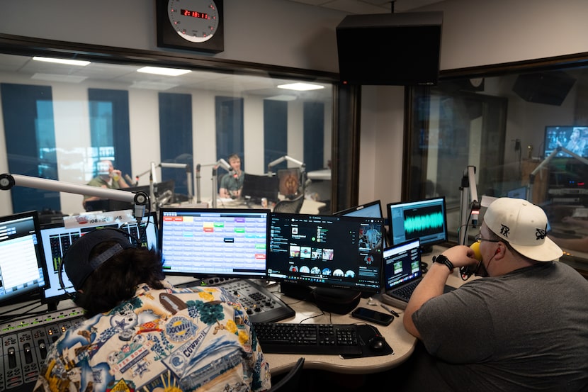 Justin Montemayor (right) talks with David Mino and Sean Bass on air during the Ticket in...