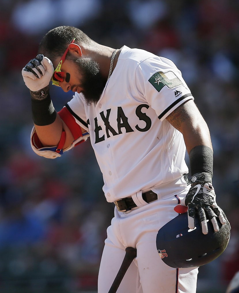 El venezolano Rougned Odor tiene promedio de bateo de .204, con .252 de porcentaje de...