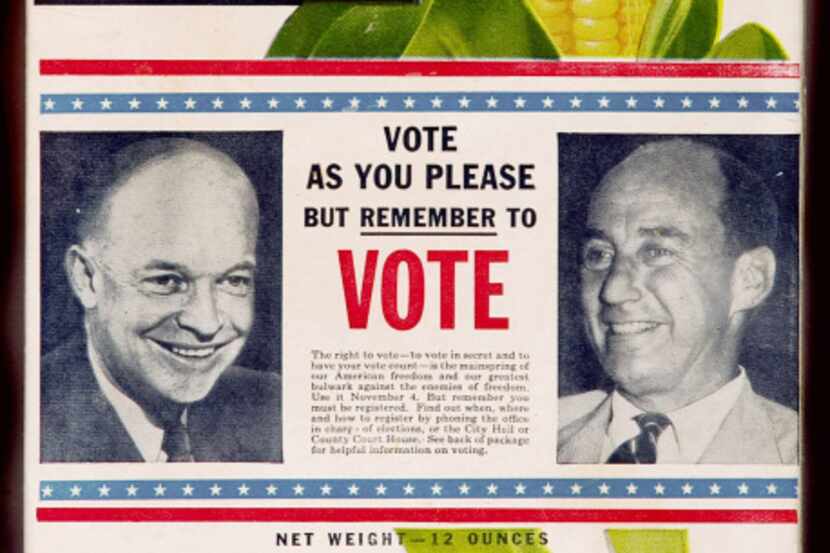 A Kellogg's Corn Flakes box urging people to vote in 1952, the same year that Texas voters...