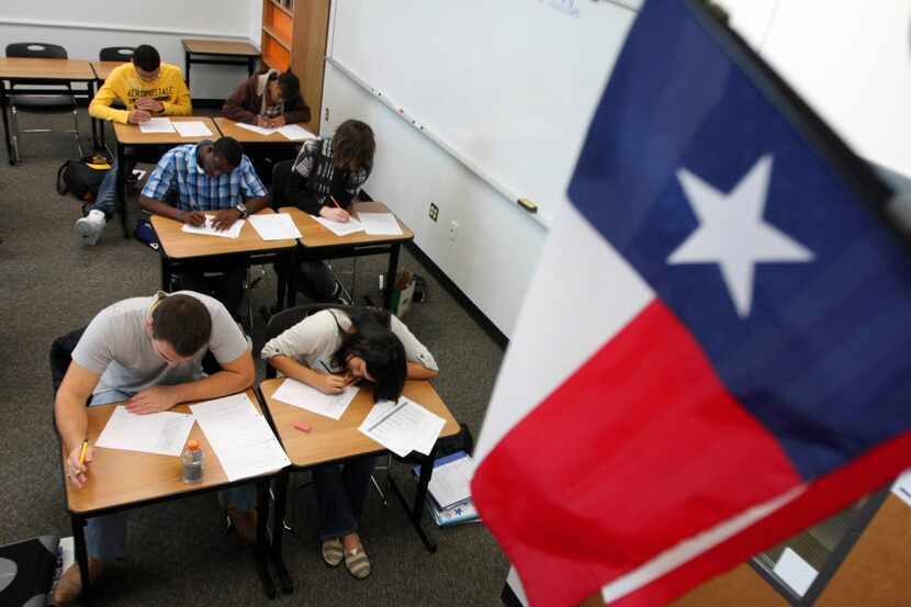 Students at Lone Star High School in Frisco wrote English essays during a practice STAAR...