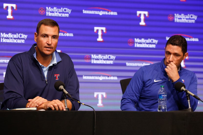 Texas Rangers general manager Chris Young (left) and Rangers President of Baseball...