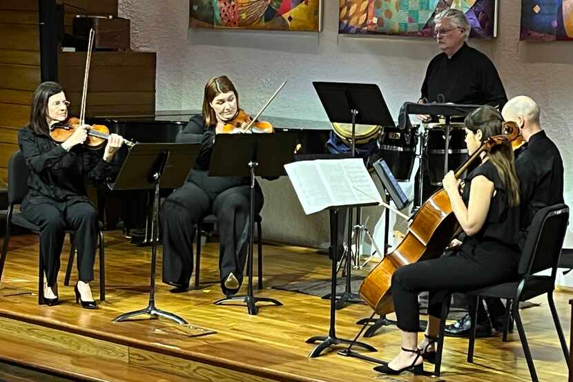 L to R, violinists Maria Schleuning and Nora Scheller, percussionist Drew Lang, violist...