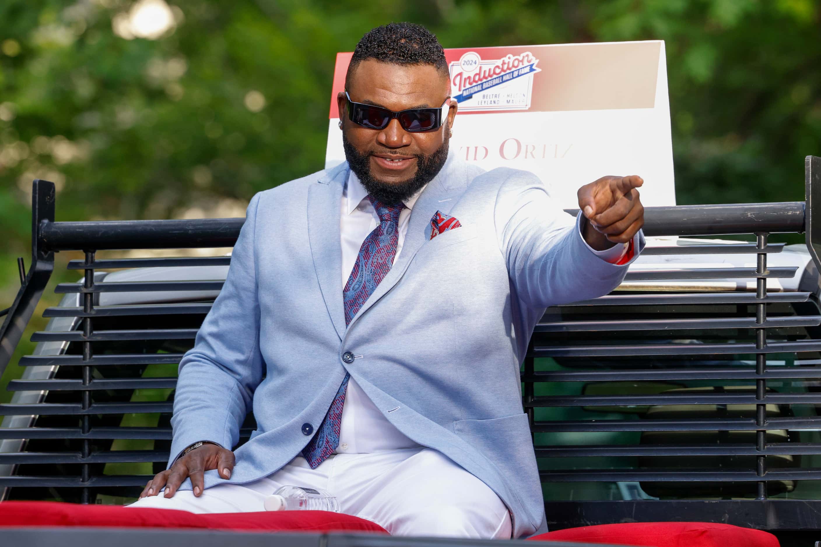 Hall of Famer David Ortiz acknowledges fans during the 2024 Parade of Legends, Saturday,...