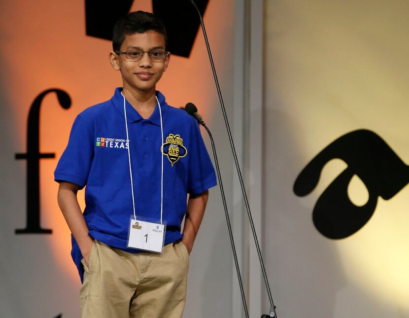 Sohum Sukhatankar, 10, of Allen smiled Saturday after spelling "decamerous" to win the 59th...