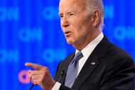 President Joe Biden speaks during a presidential debate with Republican presidential...