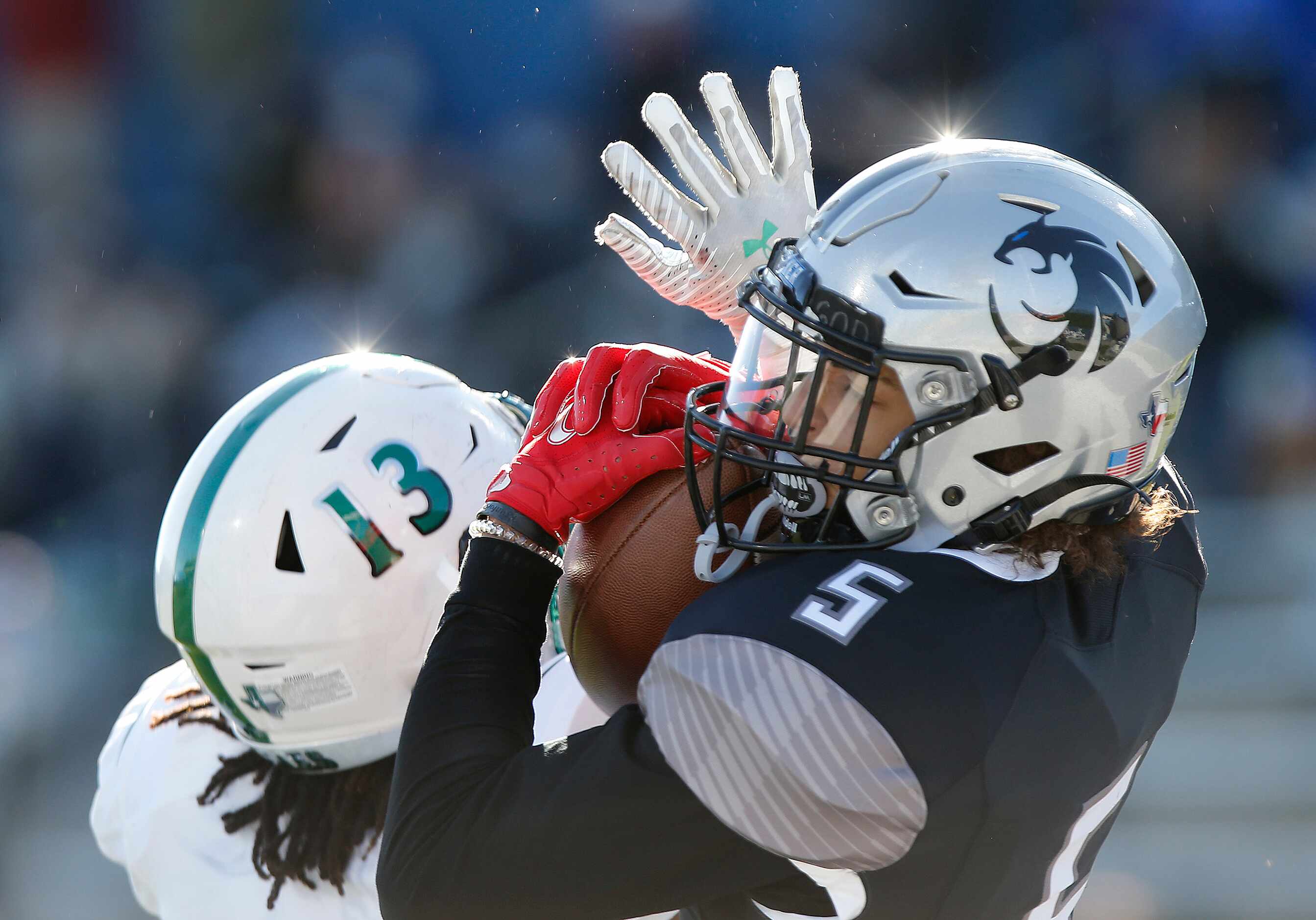 Denton Guyer High School wide receiver Jace Wilson (5) catches a touchdown pass over Prosper...