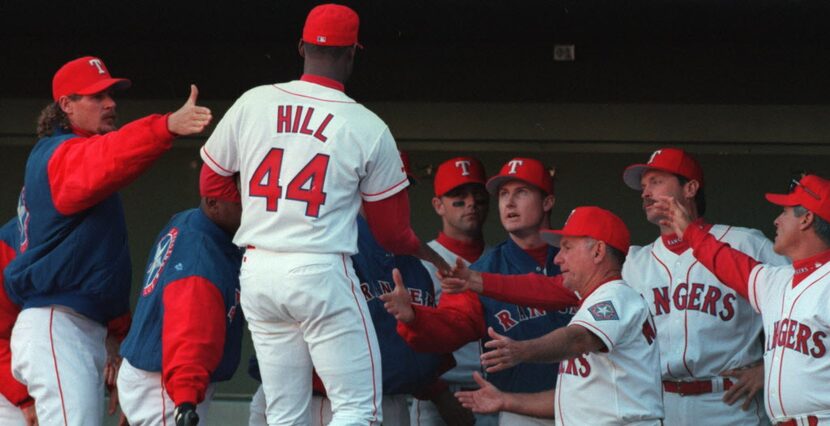 ORG XMIT:  [NS_1Hill/team ]  Headline:    Caption: 4/1/96-Ken Hill is congratulated by ...