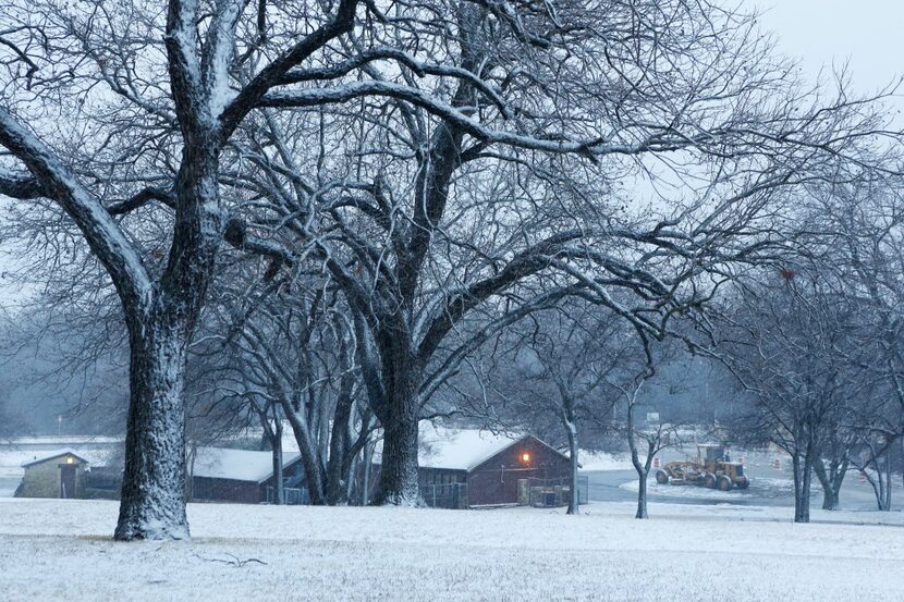 Snow covered Flag Pole Hill Park in a layer of white during Christmas in Dallas in 2012.