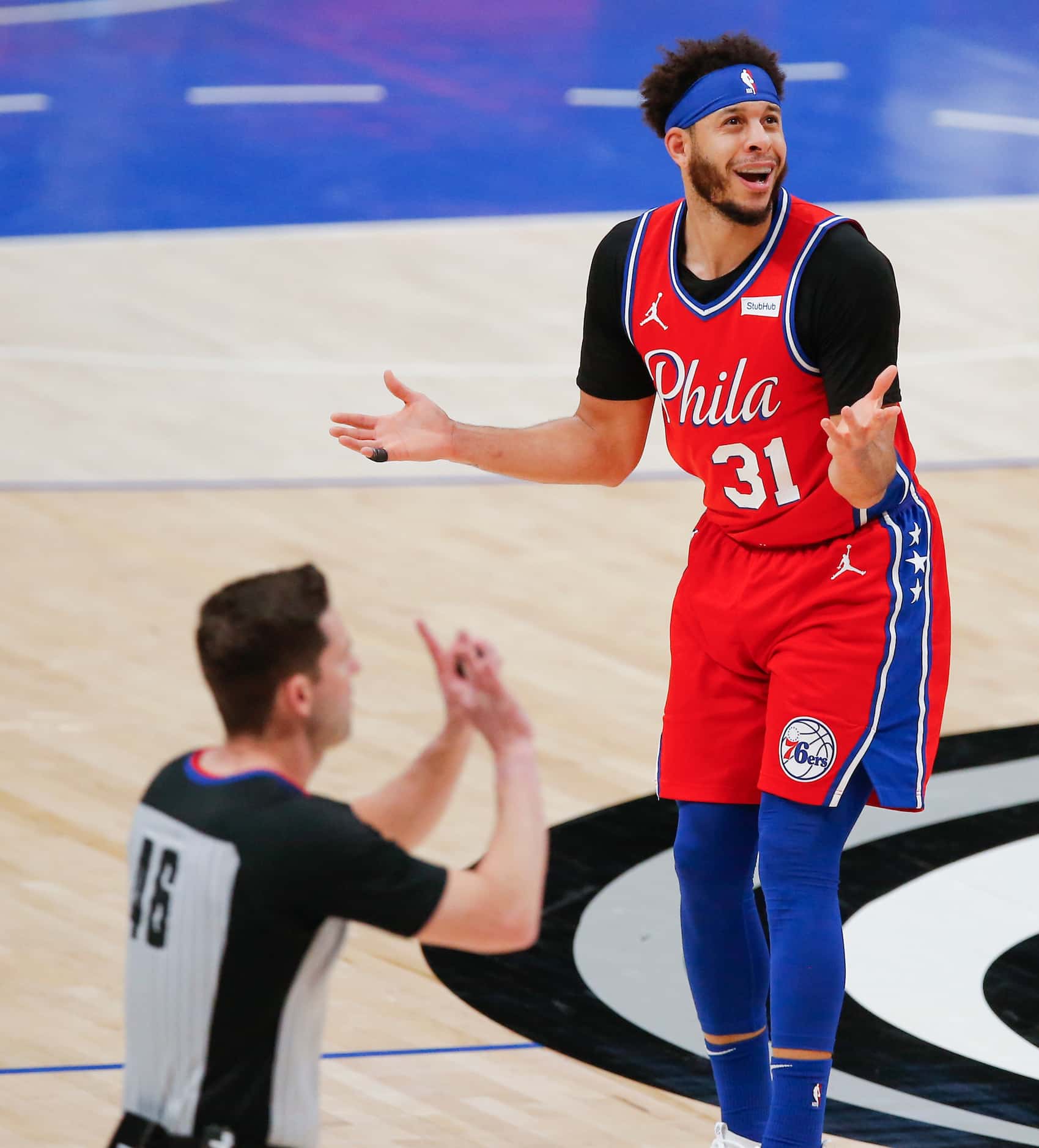 Philadelphia 76ers guard Seth Curry (31) reacts to a foul called against him during the...
