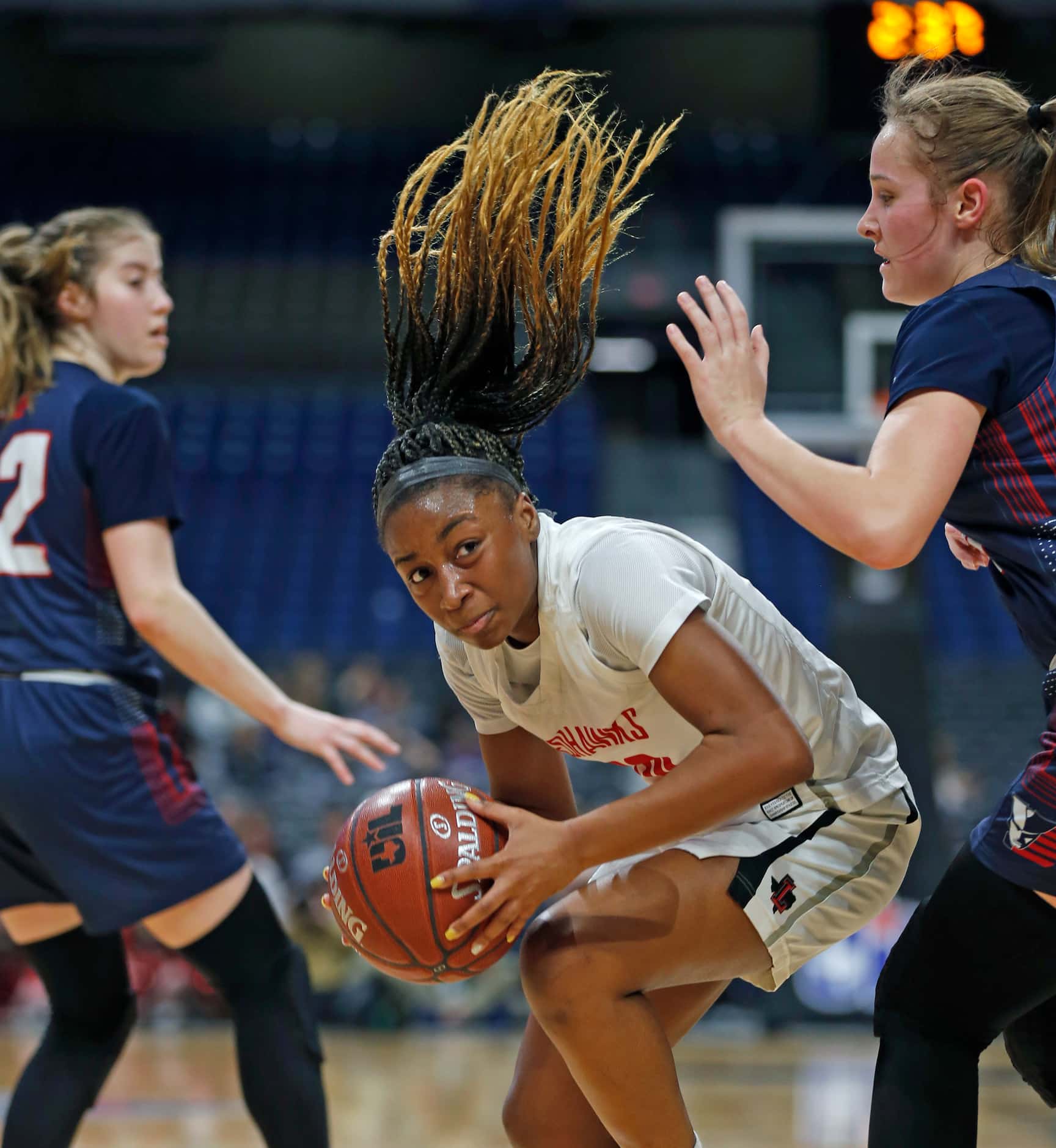 Frisco Liberty guard Jazzy Owens-Barnet #30 drives on SA Veterans in a 5A final on Saturday,...