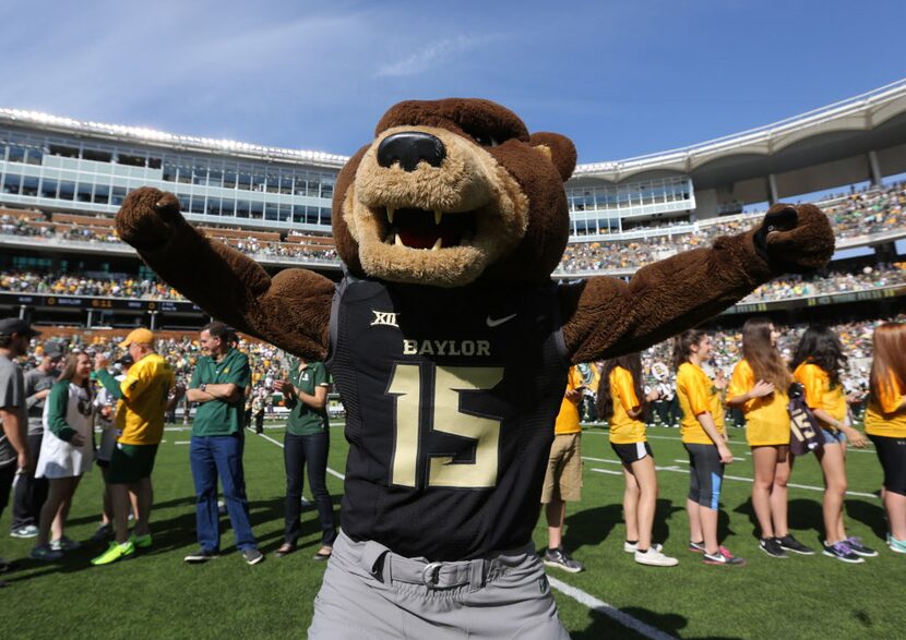 Baylor mascot cheers on the field  before start  of an NCAA college football game between...