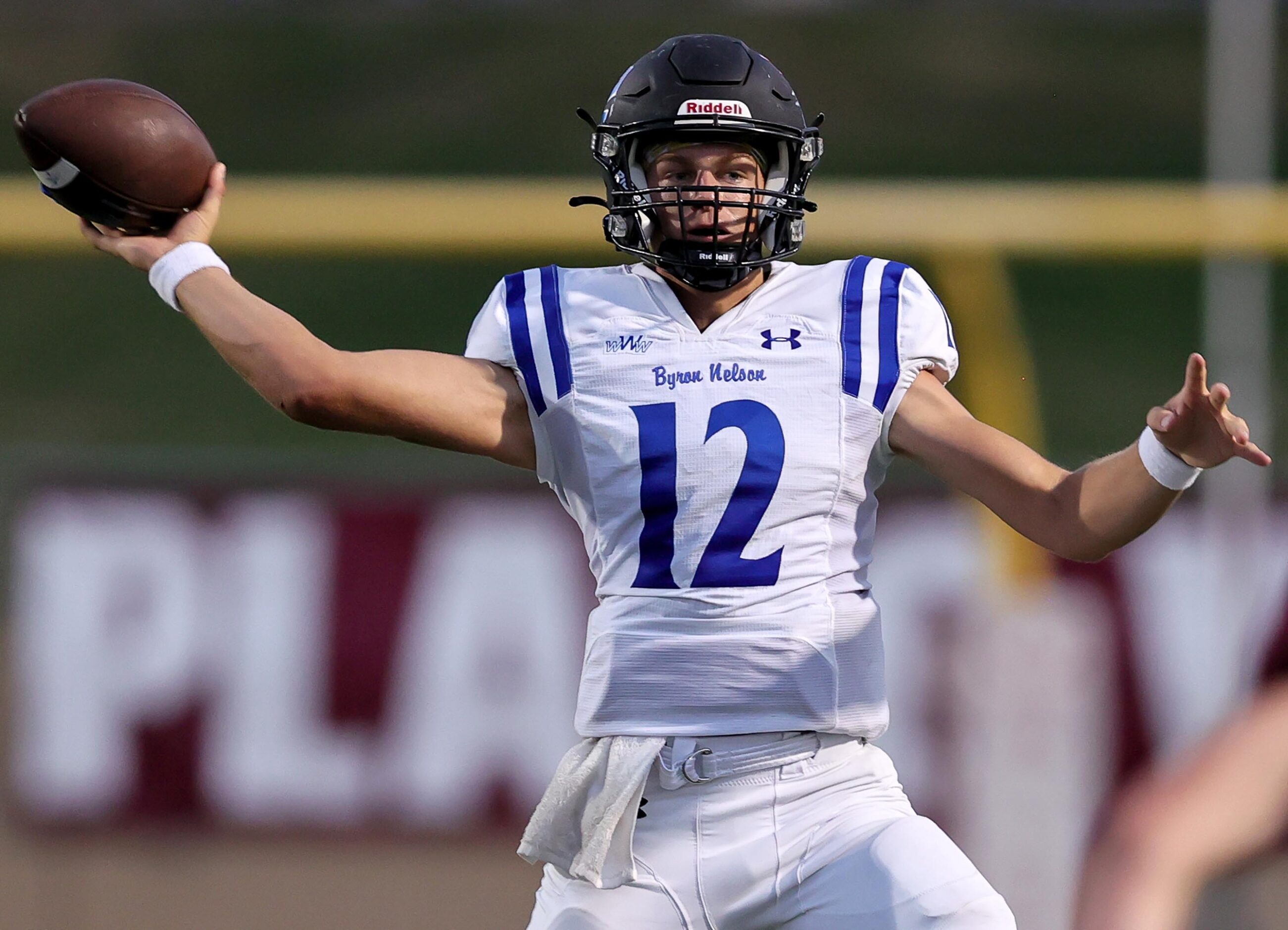 Byron Nelson quarterback Tom Von Grote looks to make a pass against Plano during the first...