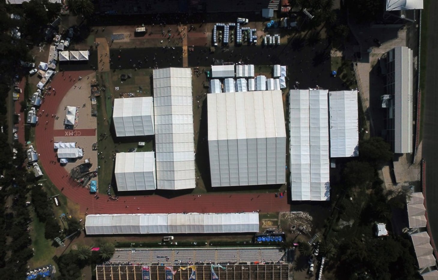 Aerial view of a temporary shelter set up for a migrant caravan of Central Americans heading...