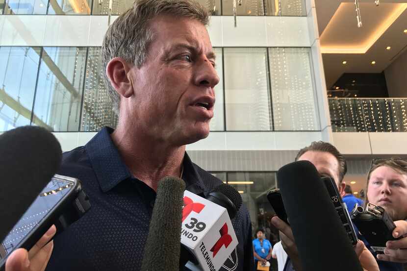 Troy Aikman talks to reporters at the Frisco Star on Monday, August 21, 2017. Photo by Jori...