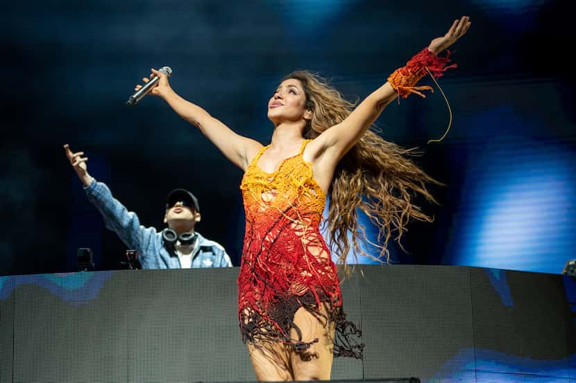 Shakira performs with Bizarrap during the the first weekend of the Coachella Valley Music...