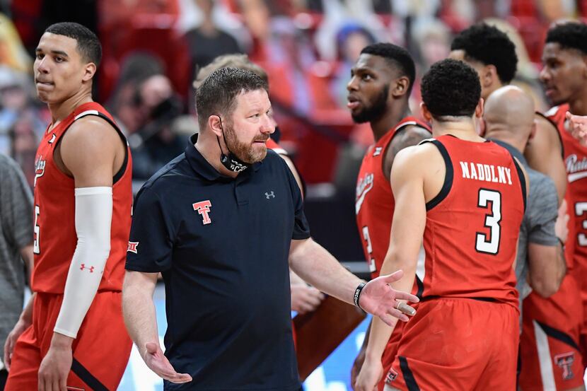 Texas Tech head coach Chris beard reacts to a call during the second half of an NCAA college...