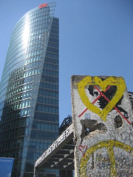 Segments of the Berlin Wall (front right) at Potsdamer Platz in the heart of Berlin. 