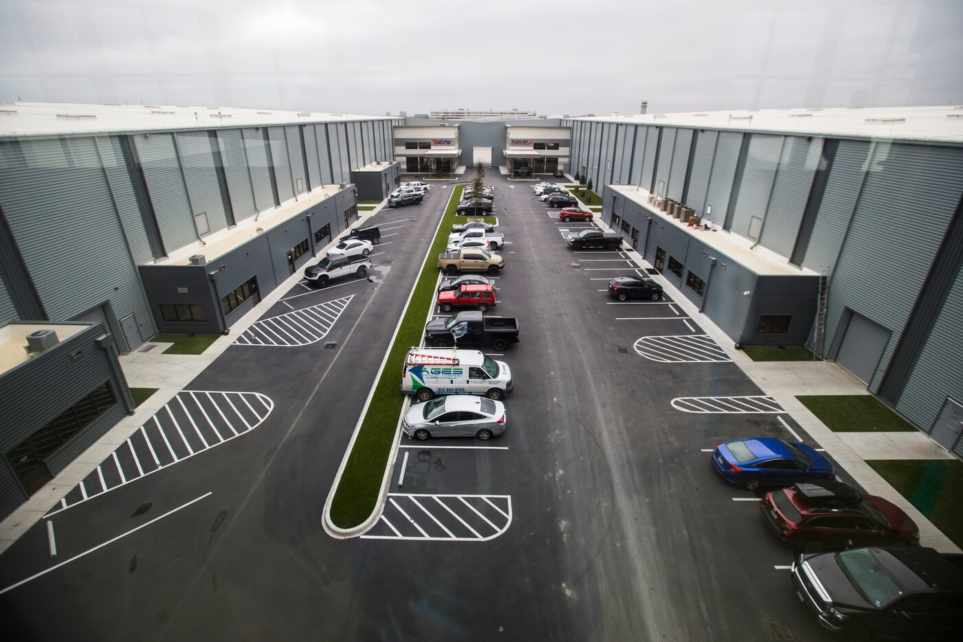 The parking court and aircraft hangers at Braniff Center on Lemmon Avenue in Dallas.