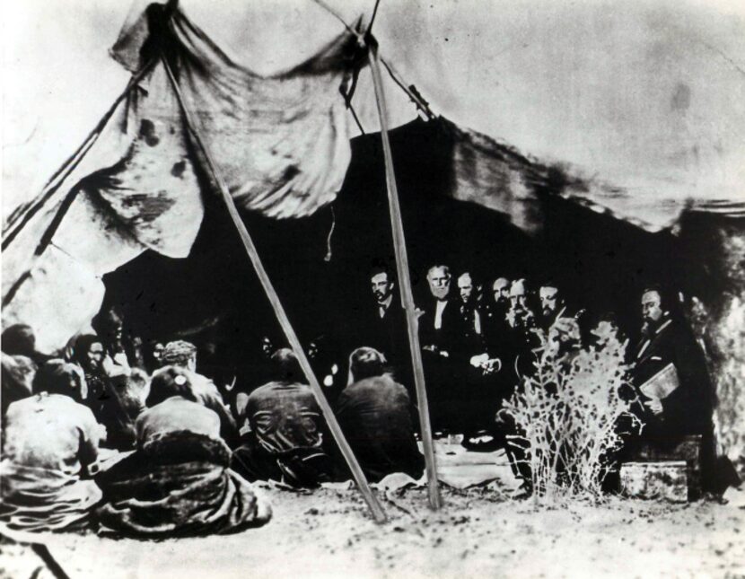 At a powwow at Fort Laramie, Wyoming in 1868, Sioux warriors and U. S. peace negotiators...