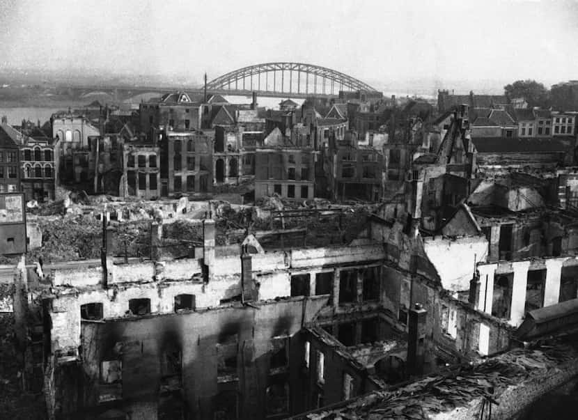 A view of bomb-wrecked and shell-shattered Nijmegen, Netherlands in February, 1945, with the...